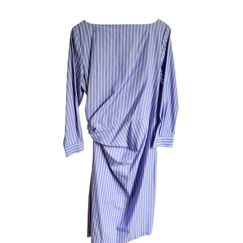 Ann Taylor NEW Striped Faux Wrap Dress 12 Petite Blue White Cotton Long Sleeve - Picture 9 of 12